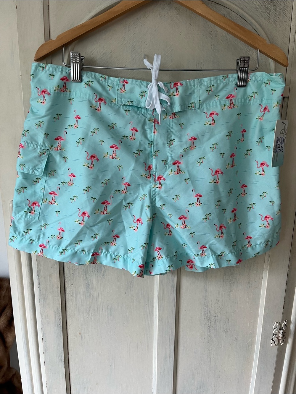 Women's Light Blue Flamingo Swim Bermudas with Drawstring Waist